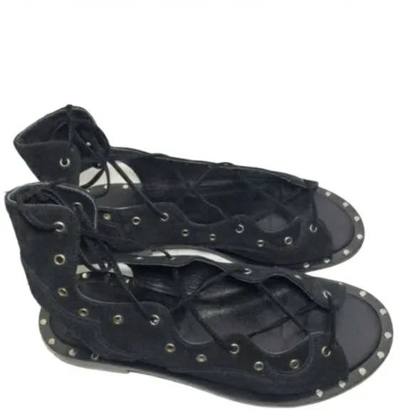 McQ Alexander McQueen Black Open Toe Lace Up Flats - Picture 2 of 12